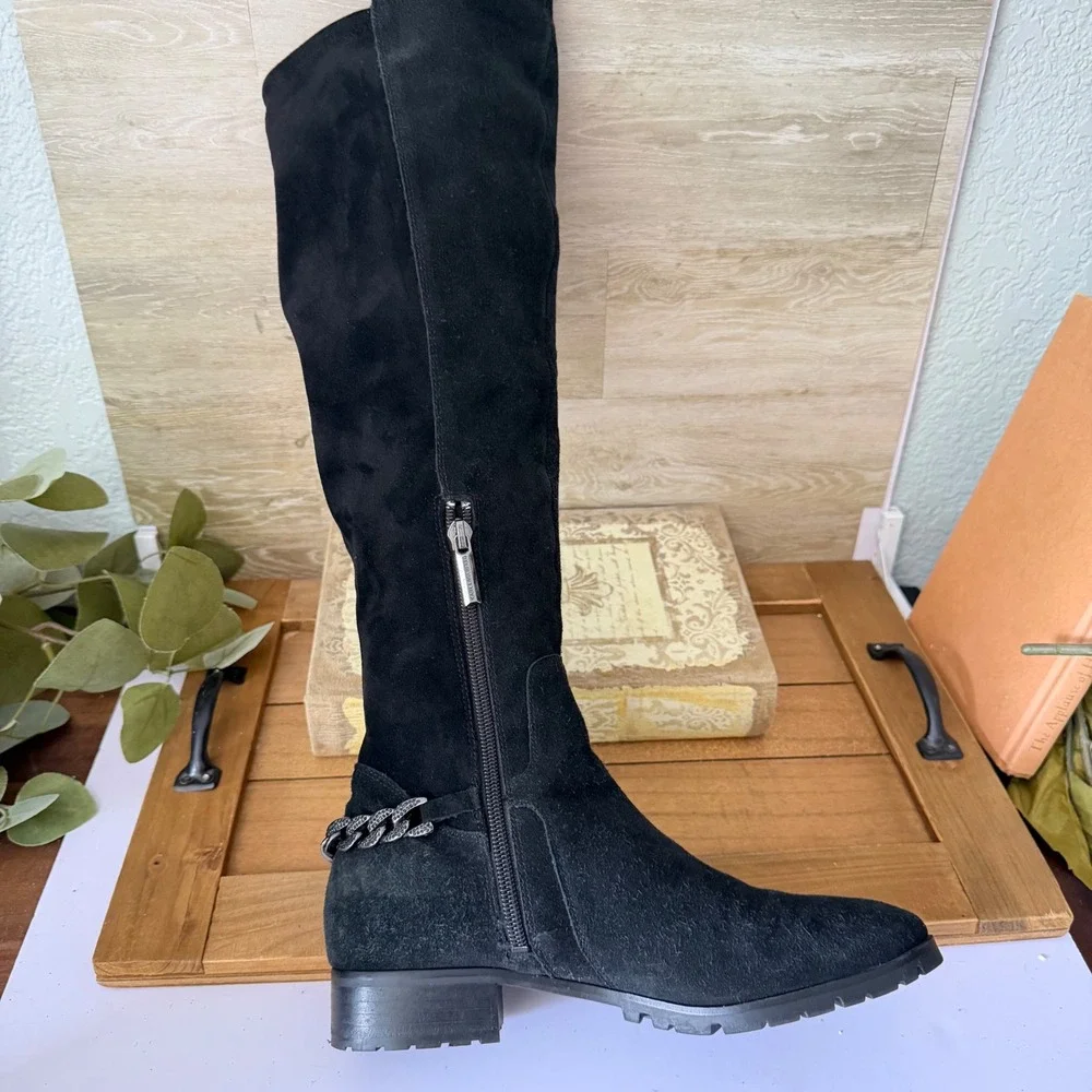 Karl Lagerfeld Paris Black Suede Knee High Chain Detail Boots Lug Sole Size 7.5